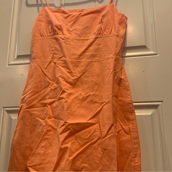 Sunday Best Vibrant Neon Orange Linen Blend Lined Spaghetti Strap Mini Dress M - Picture 2 of 9